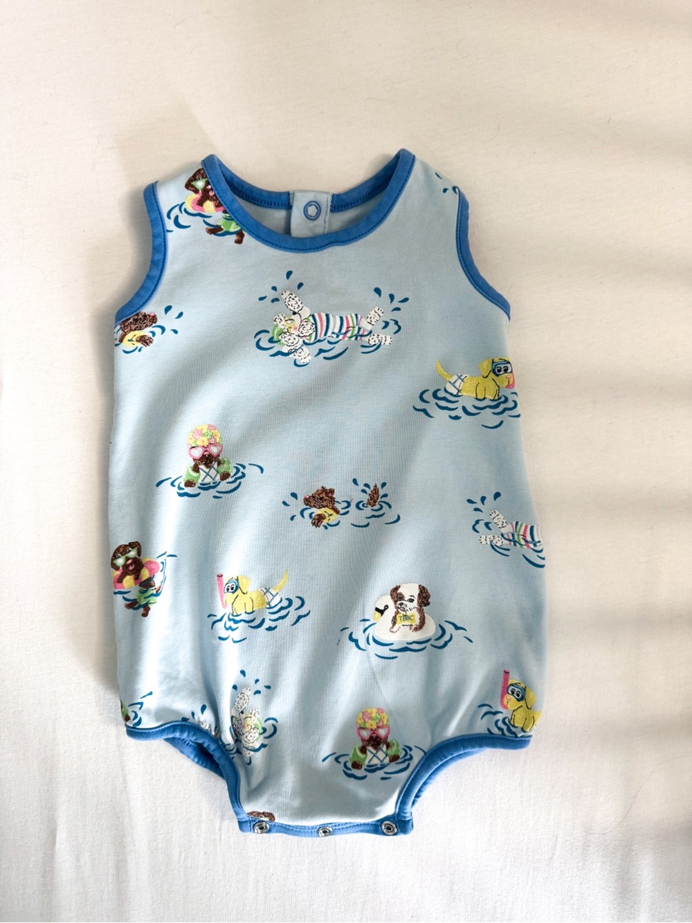 TBBC Baby Sleeveless One-Piece Romper in Light Blue with Cute Puppy Swim Print